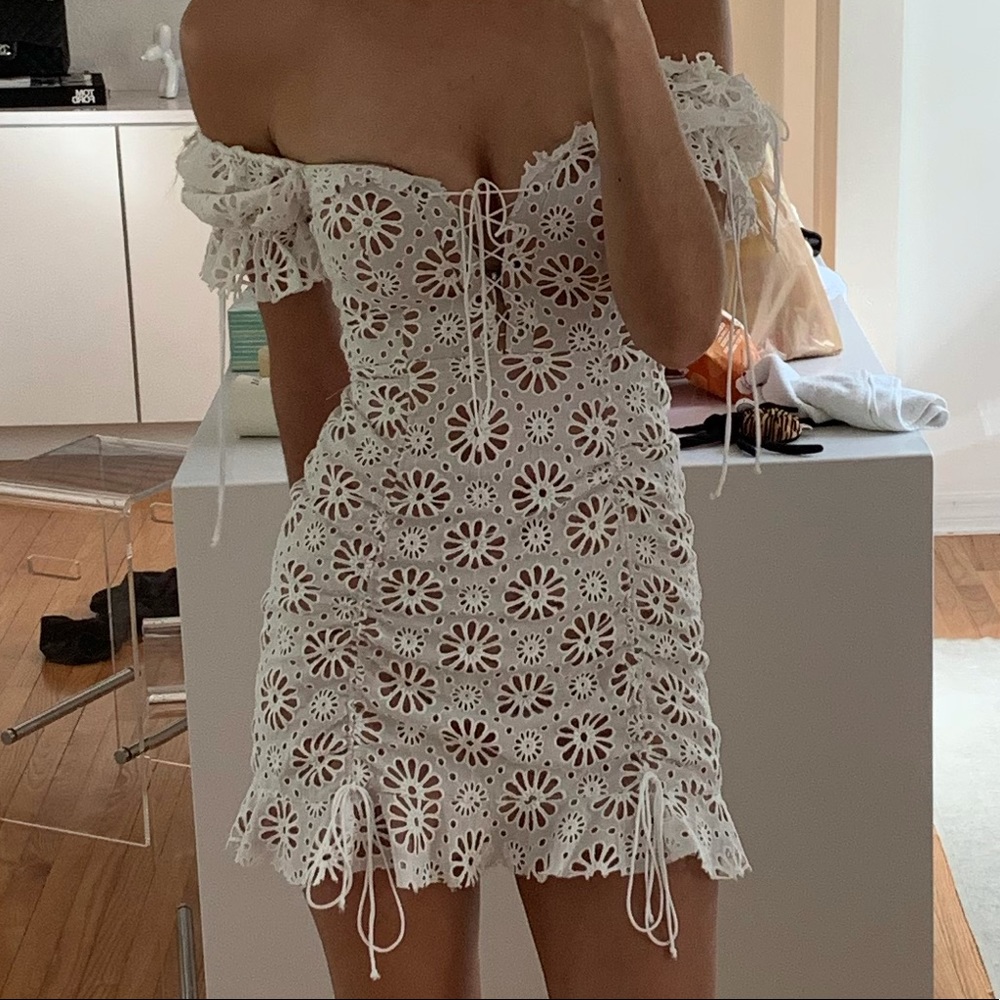 For Love & Lemons White Eyelet Off-Shoulder Mini Dress